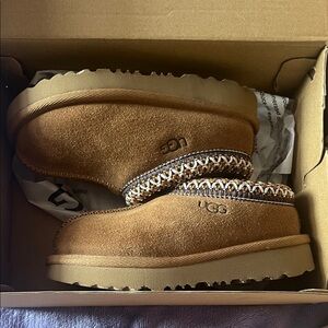 UGG Tan Suede Slip-Ons with Patterned Trim